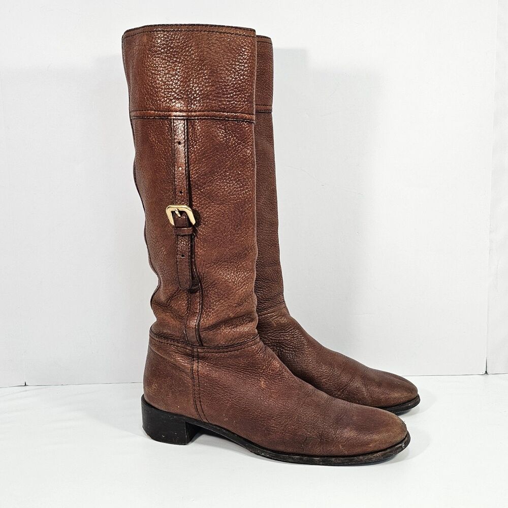Prada Vintage Brown Pebble Leather Knee High Buckle Strap Riding Boots 39.5 IT